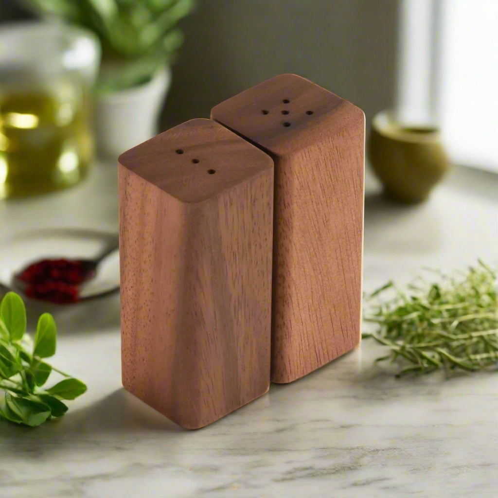 Acacia Wood Salt & Pepper Shaker Set with Wooden Base