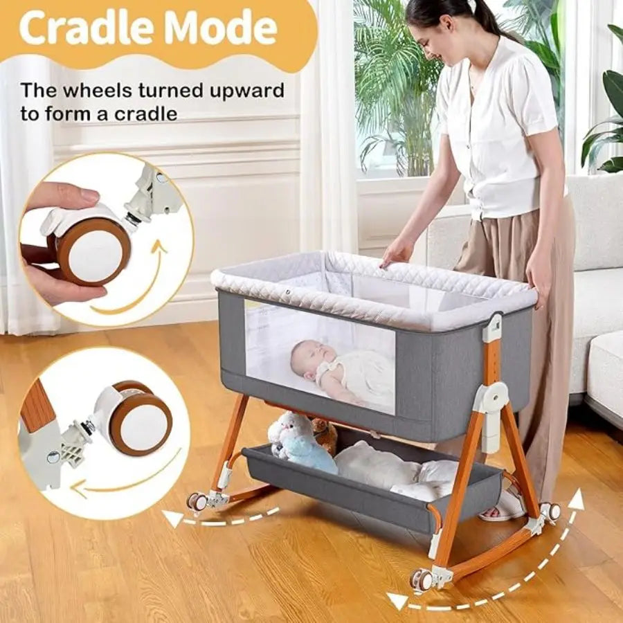 B3-in-1 Portable Baby Bedside Bassinet & Foldable Crib