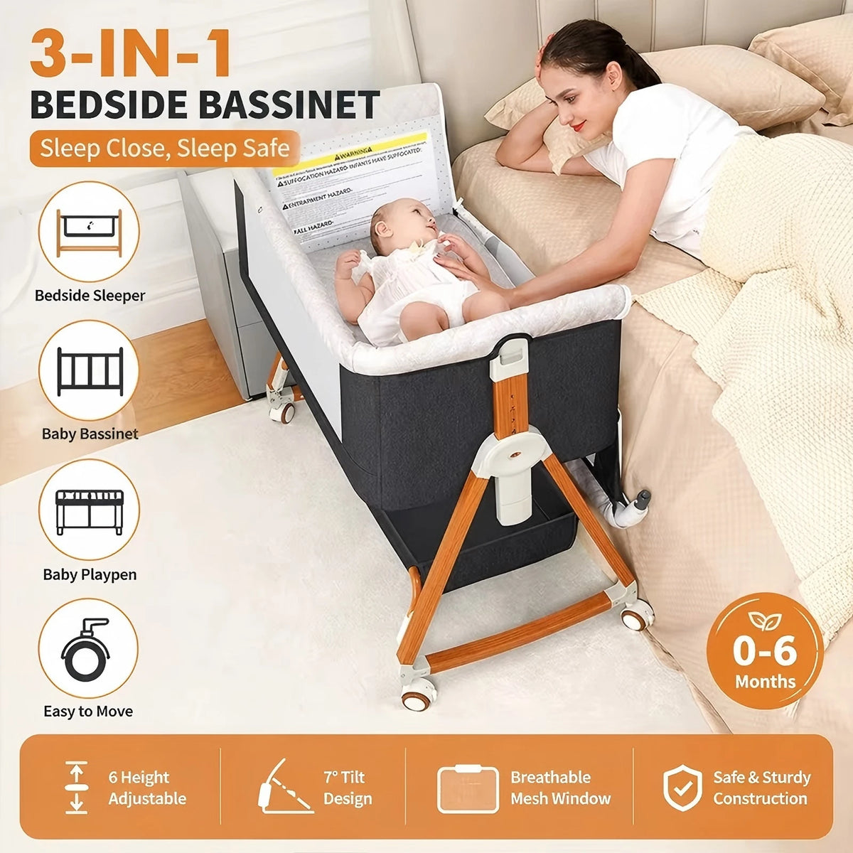 B3-in-1 Portable Baby Bedside Bassinet & Foldable Crib