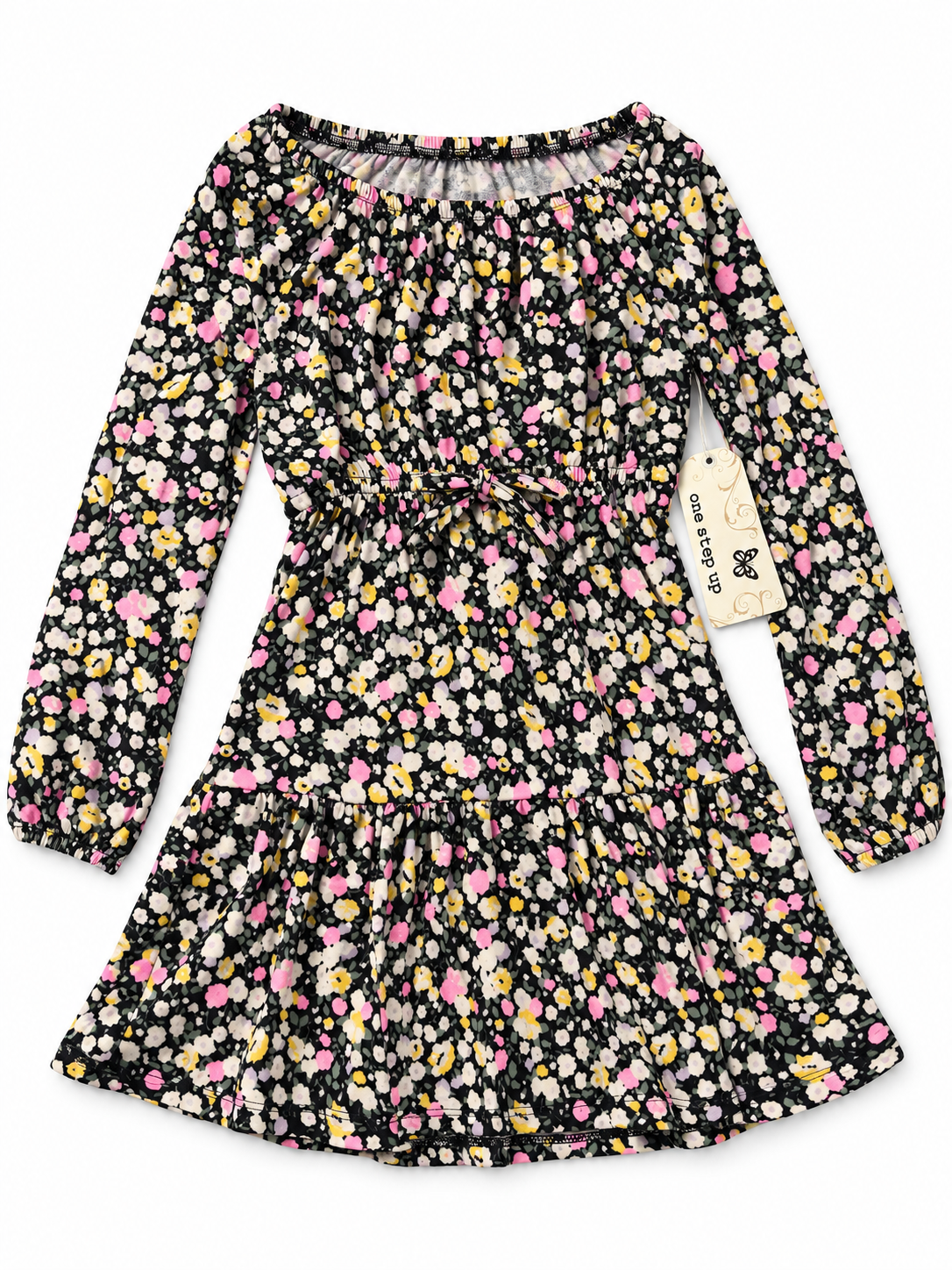Girls Floral Long Sleeve Dress with Bow – One Step Up