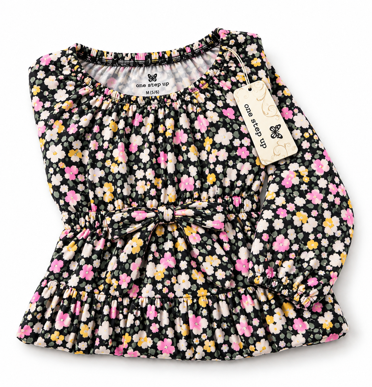 Girls Floral Long Sleeve Dress with Bow – One Step Up