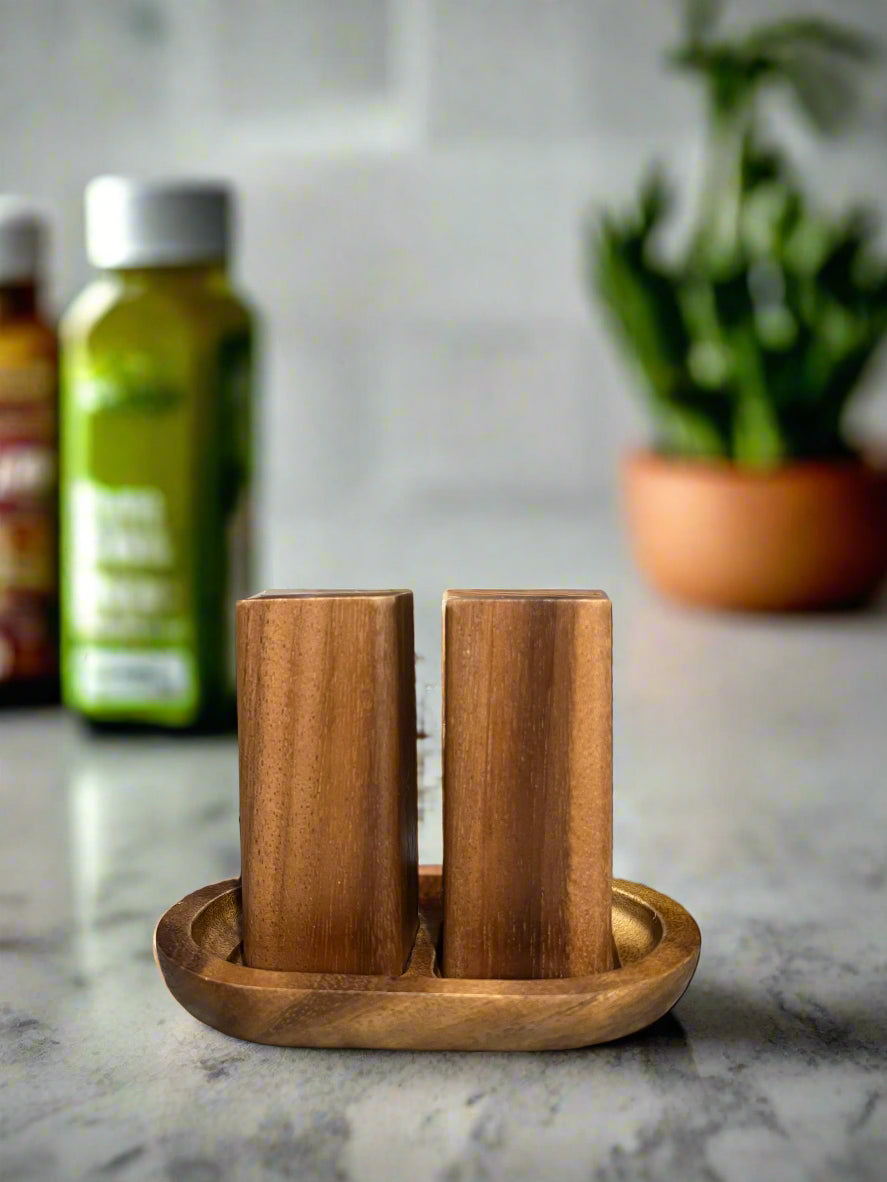 Acacia Wood Salt & Pepper Shaker Set with Wooden Base