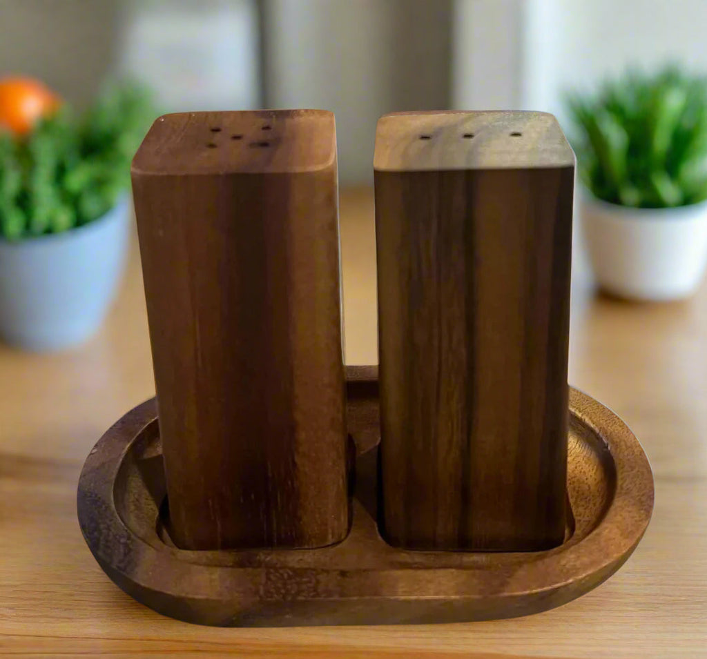 Acacia Wood Salt & Pepper Shaker Set with Wooden Base