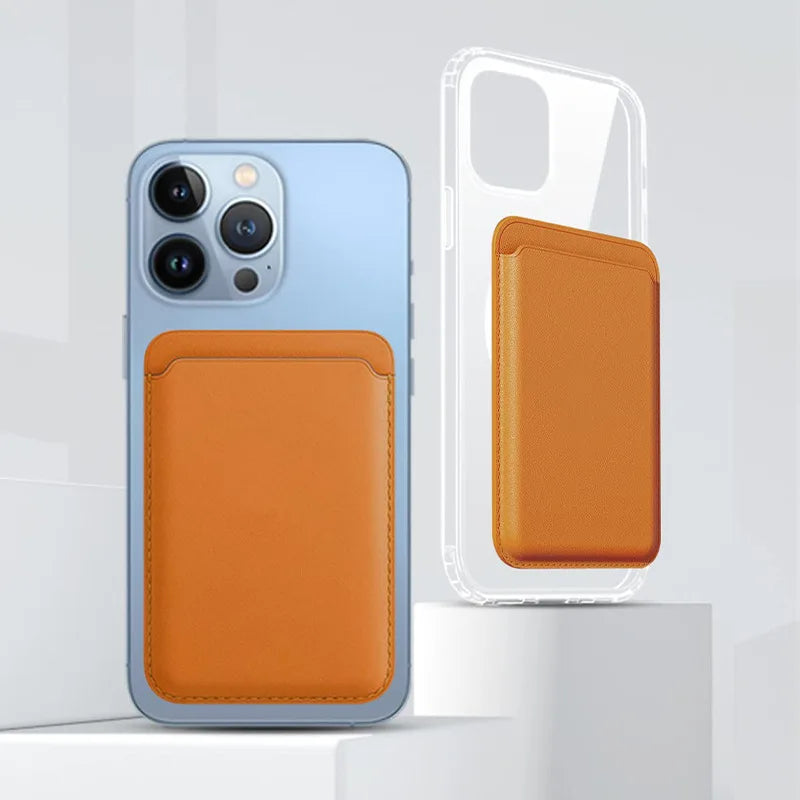 Magnetic Leather Card Sleeve Card holder for Phone 17 16 15 14 13 12, Men & Women Adhesive Back Case, Portable Card Pocket Cover