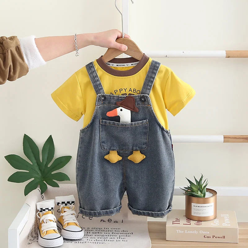 Children Clothing Baby Boys Girls Cartoon Duck T Shirt Denim Overalls 2Pcs/sets Kids Infant Casual Clothes Toddler Fashion Wear