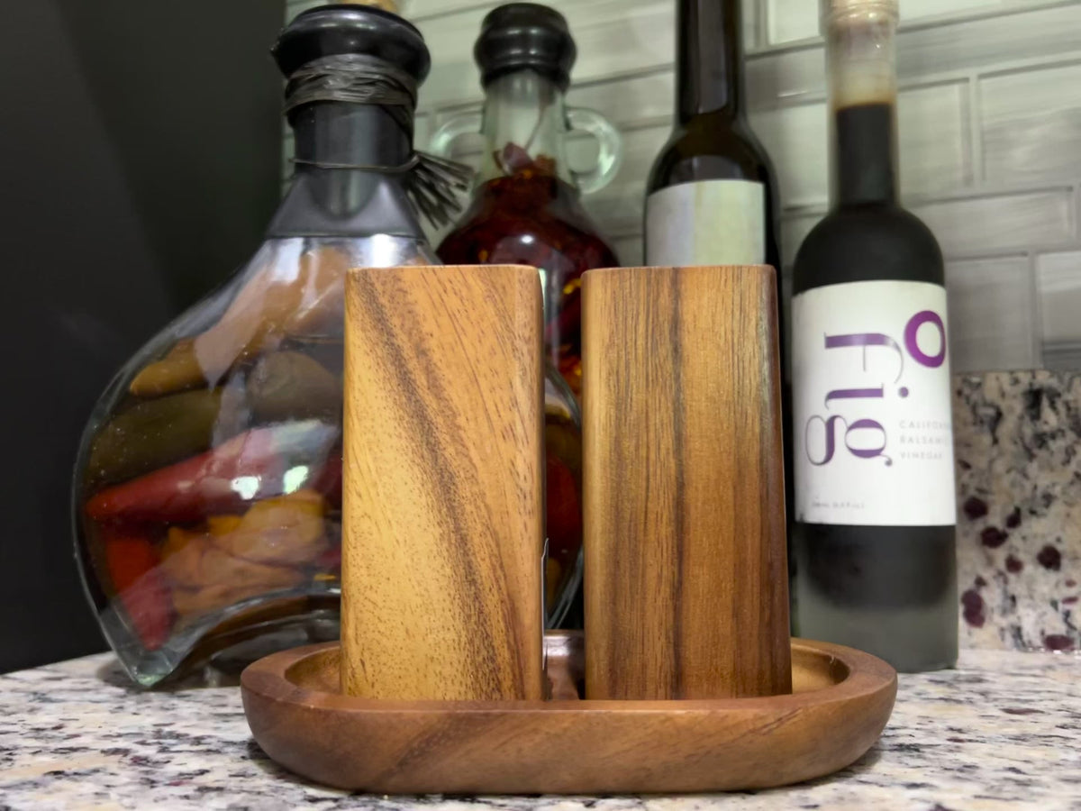 Acacia Wood Salt & Pepper Shaker Set with Wooden Base